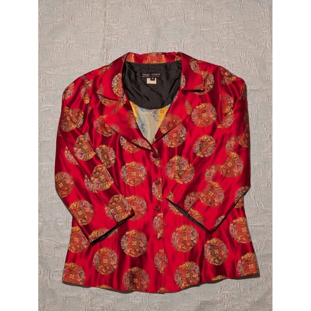 Gigi Clark Silk Blend Red Brocade Jacket Medallion Print Blazer Size 4 Vintage